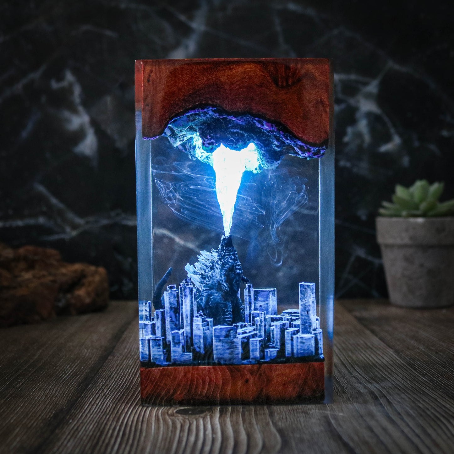 Godzilla in the diorama city resin lamp