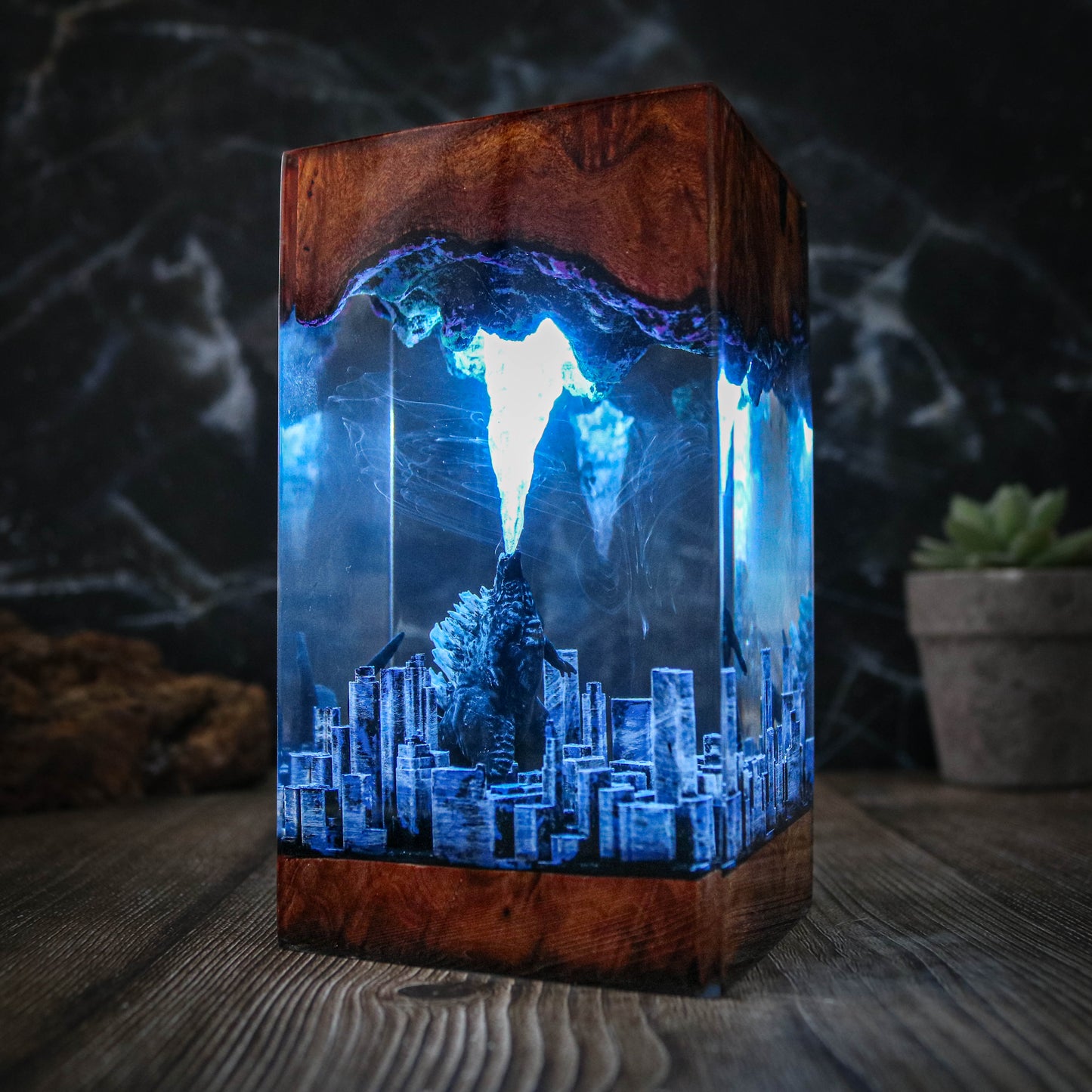 Godzilla in the diorama city resin lamp