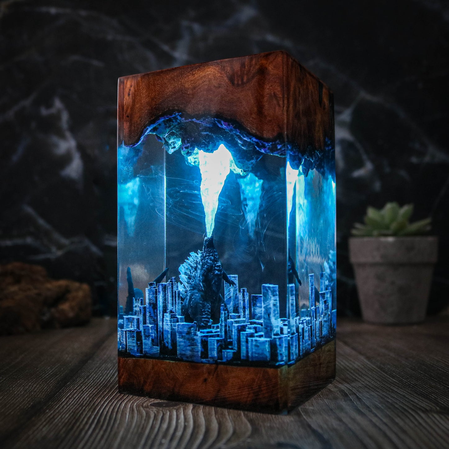 Godzilla in the diorama city resin lamp