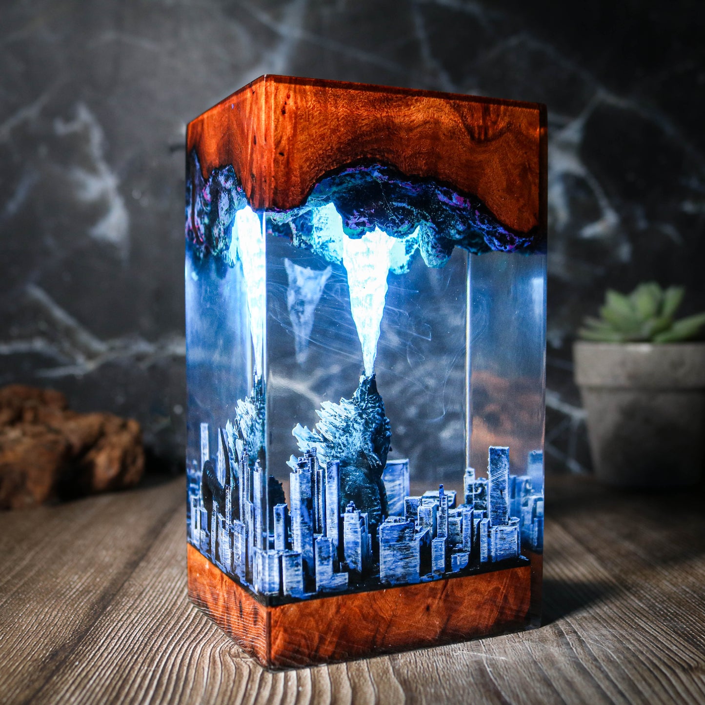 Godzilla in the diorama city resin lamp