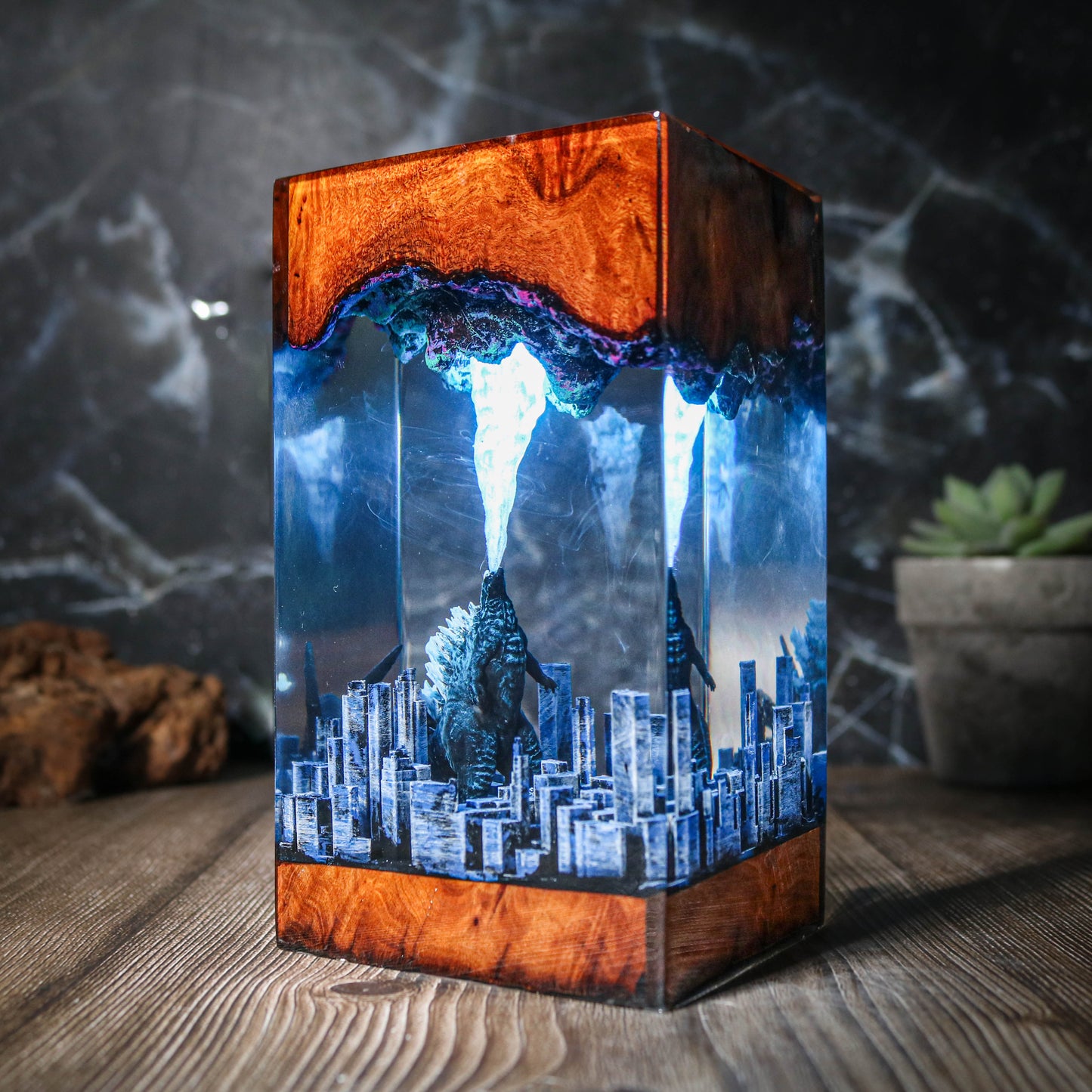 Godzilla in the diorama city resin lamp