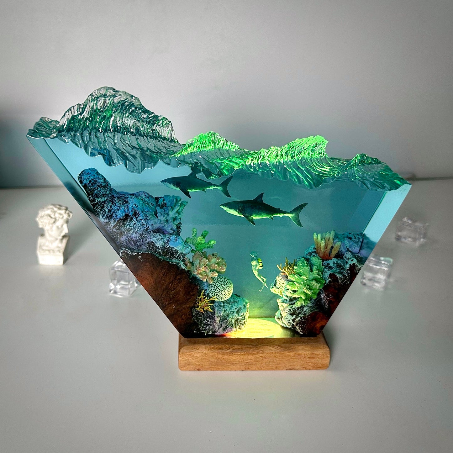 Great White Shark and scuba diver resin lamp