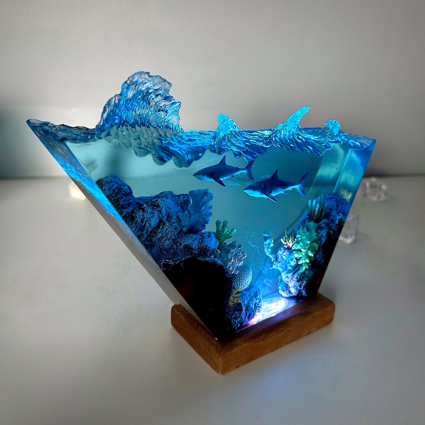 Great White Shark and scuba diver resin lamp