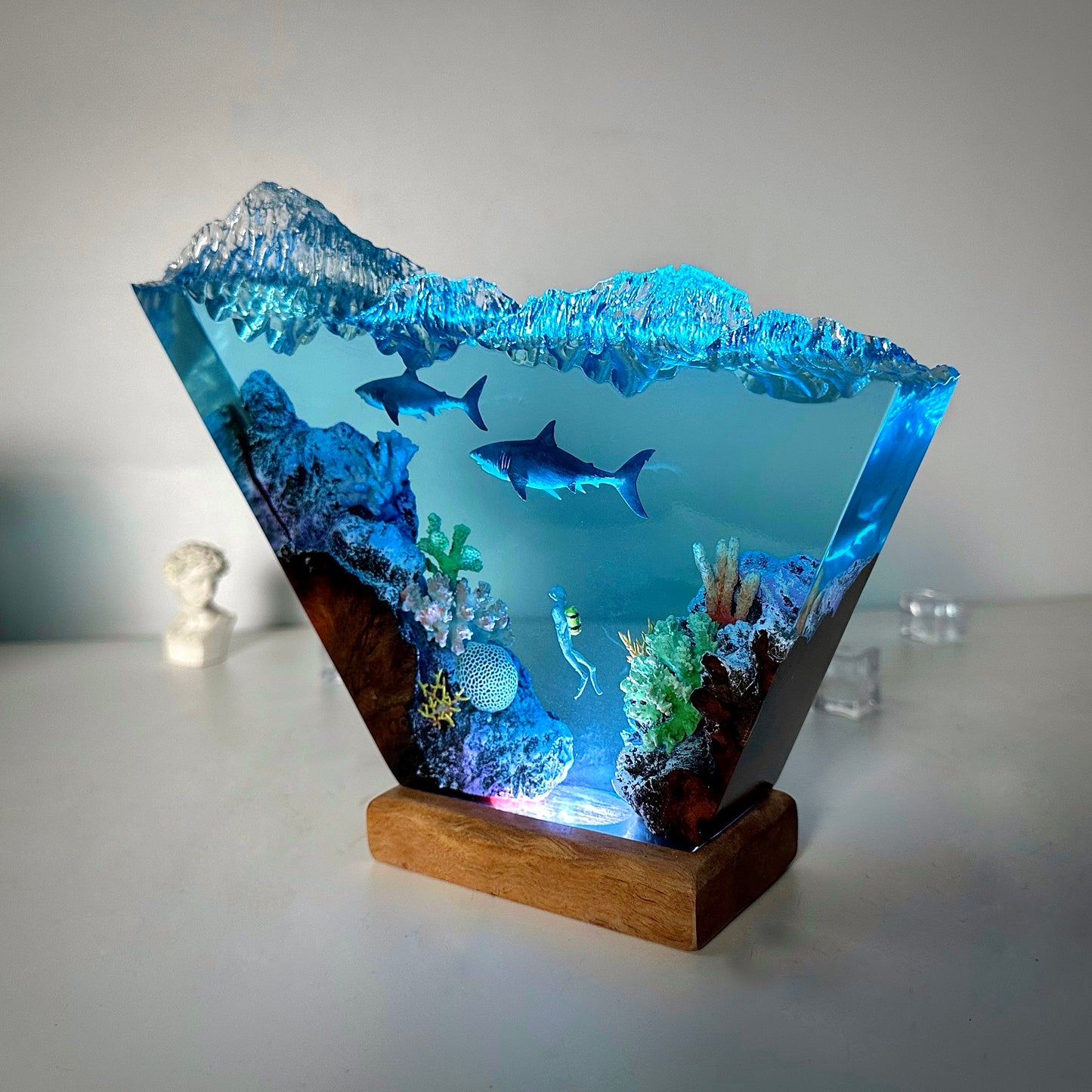 Great White Shark and scuba diver resin lamp