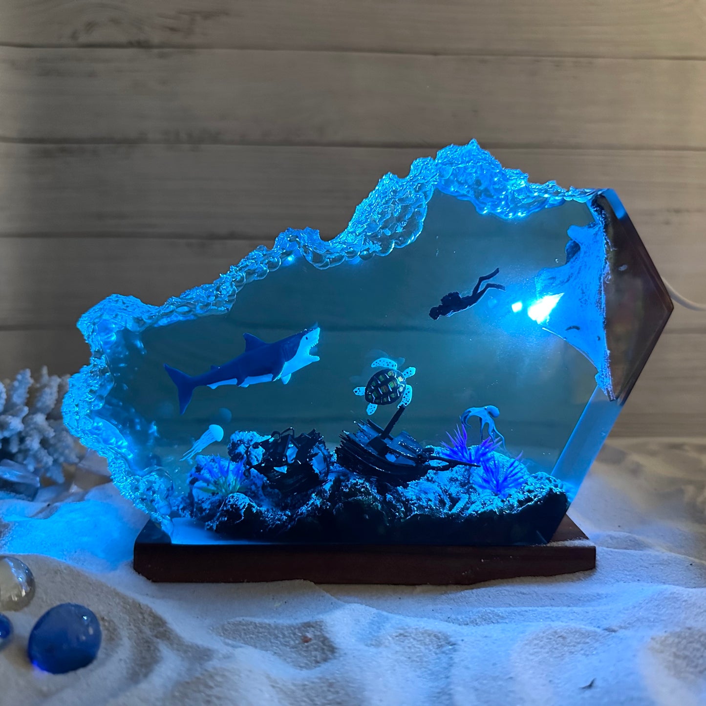 Great White Shark and Turtle resin lamp