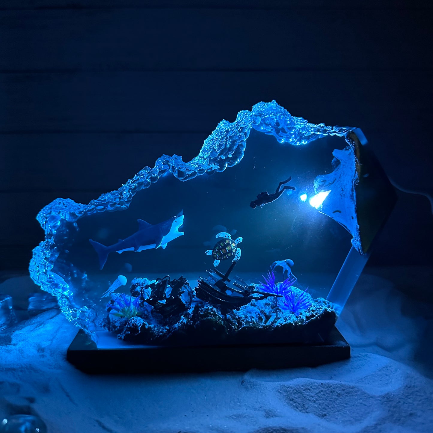 Great White Shark and Turtle resin lamp