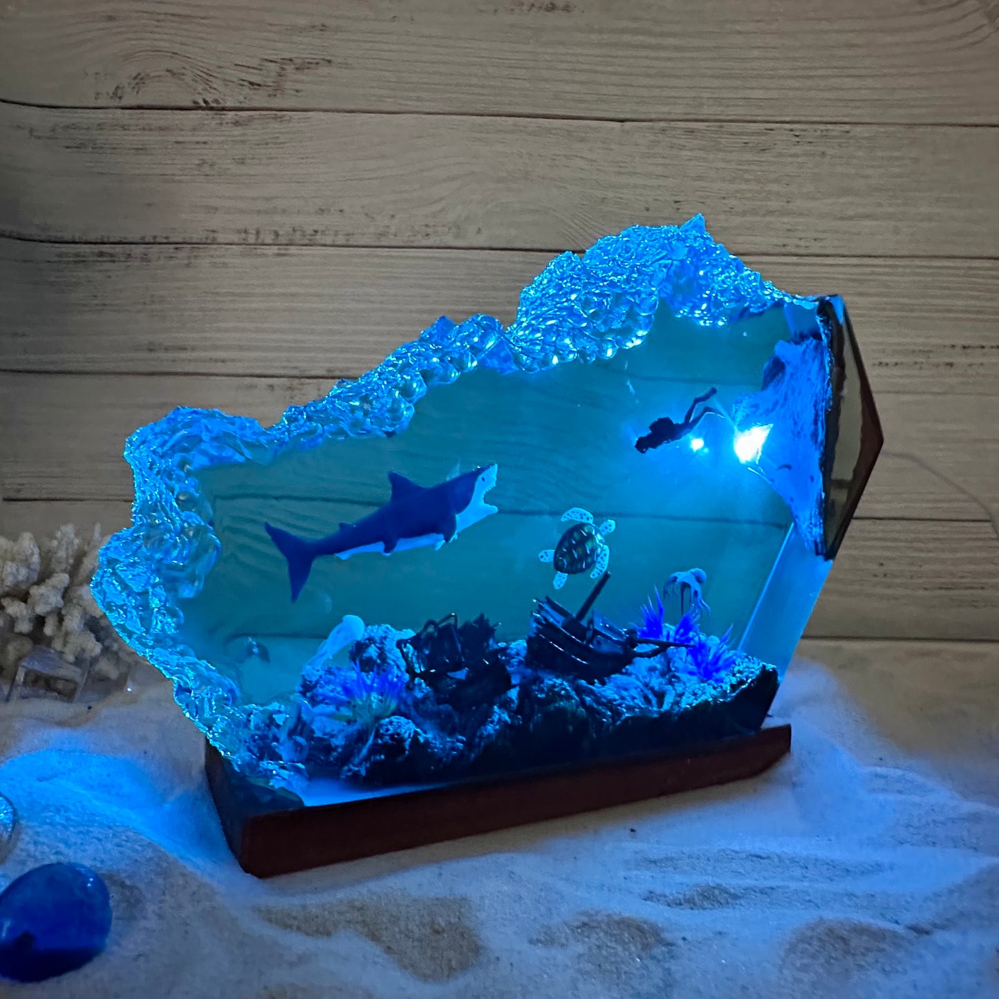 Great White Shark and Turtle resin lamp