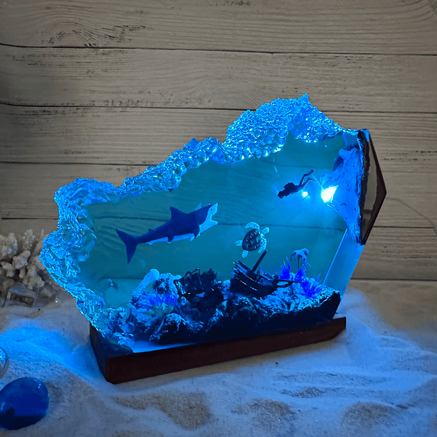 Great White Shark and Turtle resin lamp