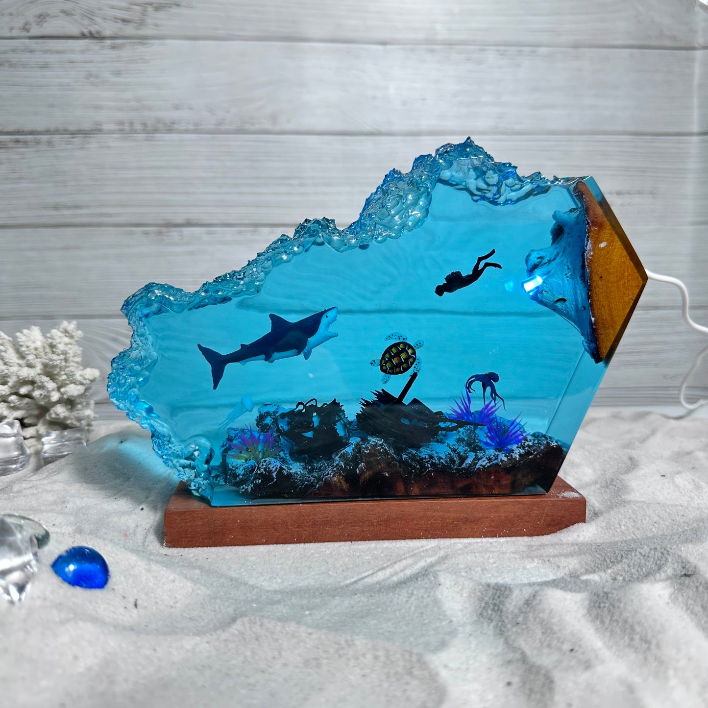 Great White Shark and Turtle resin lamp