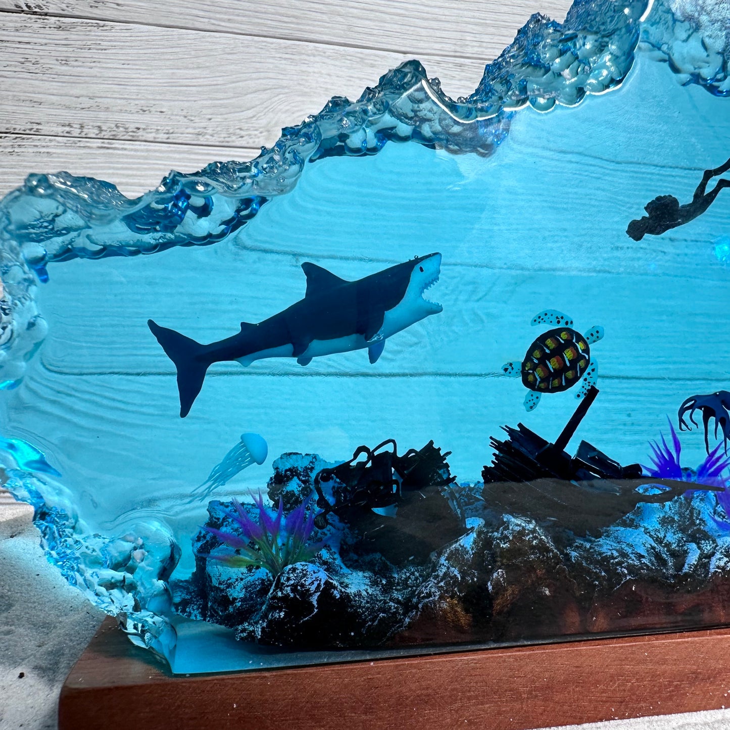 Great White Shark and Turtle resin lamp